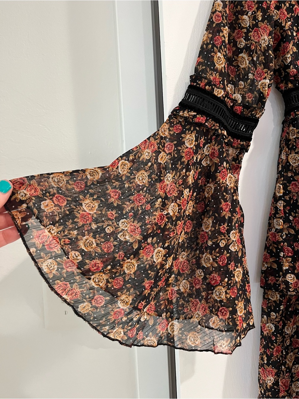 Nasty Gal “I’ll Be Bouquet” Black Sheer Floral Dress with Red & Cream Roses - Picture 7 of 16
